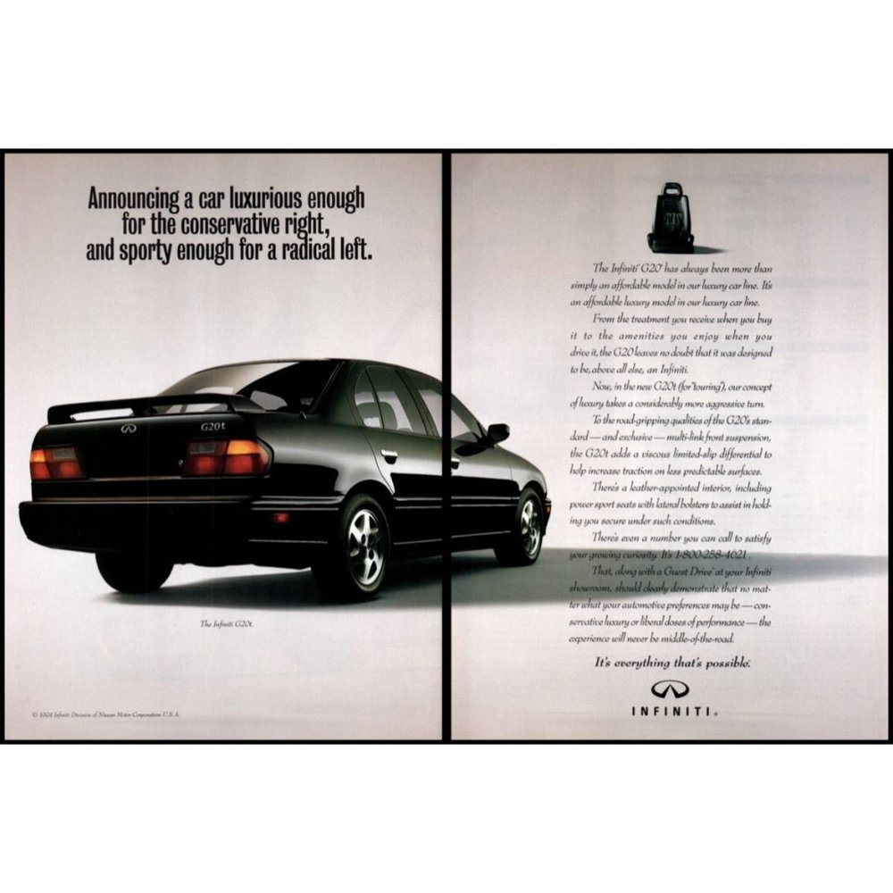 1994 Infiniti G20t Sports Sedan 2 Page Vintage Print Ad Driver's Seat Wall Art